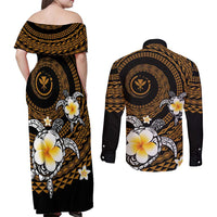 Hawaiian Plumeria Turtle Tribal Spiral Polynesian Tattoo Couples Matching Off Shoulder Maxi Dress and Long Sleeve Button Shirt Gold Color LT03 - Polynesian Pride
