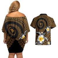 Hawaiian Plumeria Turtle Tribal Spiral Polynesian Tattoo Couples Matching Off Shoulder Short Dress and Hawaiian Shirt Gold Color LT03 - Polynesian Pride