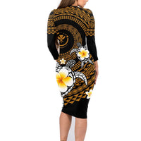 Hawaiian Plumeria Turtle Tribal Spiral Polynesian Tattoo Family Matching Long Sleeve Bodycon Dress and Hawaiian Shirt Gold Color LT03 - Polynesian Pride