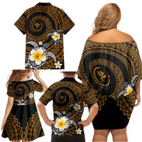 Hawaiian Plumeria Turtle Tribal Spiral Polynesian Tattoo Family Matching Off Shoulder Short Dress and Hawaiian Shirt Gold Color LT03 - Polynesian Pride