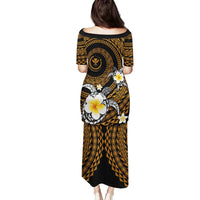 Hawaiian Plumeria Turtle Tribal Spiral Polynesian Tattoo Family Matching Puletasi and Hawaiian Shirt Gold Color LT03 - Polynesian Pride