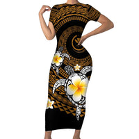 Hawaiian Plumeria Turtle Tribal Spiral Polynesian Tattoo Family Matching Short Sleeve Bodycon Dress and Hawaiian Shirt Gold Color LT03 Mom's Dress Gold - Polynesian Pride