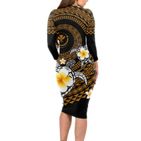 Hawaiian Plumeria Turtle Tribal Spiral Polynesian Tattoo Long Sleeve Bodycon Dress Gold Color LT03 - Polynesian Pride