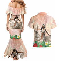 Woman Polynesian Tattoos Couples Matching Mermaid Dress and Hawaiian Shirt Tropical Flower - Peach Fuzz Color LT03 - Polynesian Pride