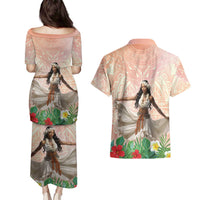 Woman Polynesian Tattoos Couples Matching Puletasi and Hawaiian Shirt Tropical Flower - Peach Fuzz Color