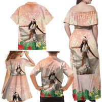 Woman Polynesian Tattoos Family Matching Off Shoulder Maxi Dress and Hawaiian Shirt Tropical Flower - Peach Fuzz Color LT03 - Polynesian Pride