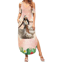 Woman Polynesian Tattoos Family Matching Summer Maxi Dress and Hawaiian Shirt Tropical Flower - Peach Fuzz Color LT03 Mom's Dress Peach Fuzz - Polynesian Pride