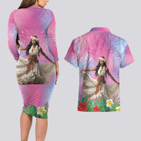 Woman Polynesian Tattoos Couples Matching Long Sleeve Bodycon Dress and Hawaiian Shirt Tropical Flower - Sweets Vibrant Color LT03 - Polynesian Pride