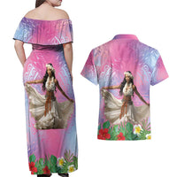 Woman Polynesian Tattoos Couples Matching Off Shoulder Maxi Dress and Hawaiian Shirt Tropical Flower - Sweets Vibrant Color LT03 - Polynesian Pride