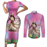Woman Polynesian Tattoos Couples Matching Short Sleeve Bodycon Dress and Long Sleeve Button Shirt Tropical Flower - Sweets Vibrant Color LT03 Vibrant Gradient - Polynesian Pride