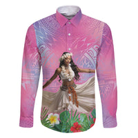 Woman Polynesian Tattoos Family Matching Off The Shoulder Long Sleeve Dress and Hawaiian Shirt Tropical Flower - Sweets Vibrant Color LT03 Dad's Shirt - Long Sleeve Vibrant Gradient - Polynesian Pride