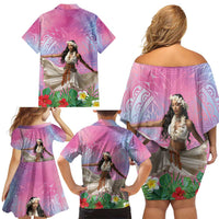 Woman Polynesian Tattoos Family Matching Off Shoulder Short Dress and Hawaiian Shirt Tropical Flower - Sweets Vibrant Color LT03 - Polynesian Pride