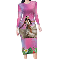 Woman Polynesian Tattoos Long Sleeve Bodycon Dress Tropical Flower - Sweets Vibrant Color LT03 Long Dress Vibrant Gradient - Polynesian Pride