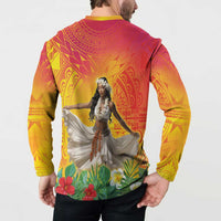 Woman Polynesian Tattoos Button Sweatshirt Tropical Flower - Vibrant Hot Color