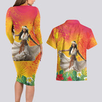 Woman Polynesian Tattoos Couples Matching Long Sleeve Bodycon Dress and Hawaiian Shirt Tropical Flower - Vibrant Hot Color LT03 - Polynesian Pride
