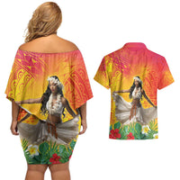 Woman Polynesian Tattoos Couples Matching Off Shoulder Short Dress and Hawaiian Shirt Tropical Flower - Vibrant Hot Color