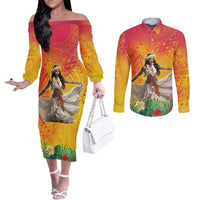 Woman Polynesian Tattoos Couples Matching Off The Shoulder Long Sleeve Dress and Long Sleeve Button Shirt Tropical Flower - Vibrant Hot Color LT03 Vibrant Gradient - Polynesian Pride
