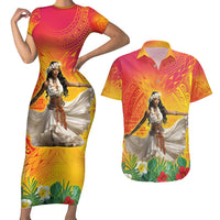 Woman Polynesian Tattoos Couples Matching Short Sleeve Bodycon Dress and Hawaiian Shirt Tropical Flower - Vibrant Hot Color LT03 Vibrant Gradient - Polynesian Pride