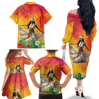 Woman Polynesian Tattoos Family Matching Off The Shoulder Long Sleeve Dress and Hawaiian Shirt Tropical Flower - Vibrant Hot Color LT03 - Polynesian Pride