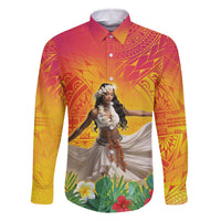 Woman Polynesian Tattoos Family Matching Off The Shoulder Long Sleeve Dress and Hawaiian Shirt Tropical Flower - Vibrant Hot Color LT03 Dad's Shirt - Long Sleeve Vibrant Gradient - Polynesian Pride