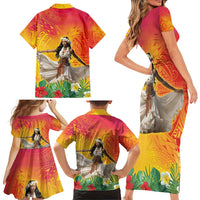 Woman Polynesian Tattoos Family Matching Short Sleeve Bodycon Dress and Hawaiian Shirt Tropical Flower - Vibrant Hot Color LT03 - Polynesian Pride
