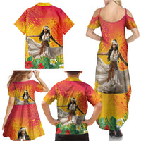 Woman Polynesian Tattoos Family Matching Summer Maxi Dress and Hawaiian Shirt Tropical Flower - Vibrant Hot Color LT03 - Polynesian Pride