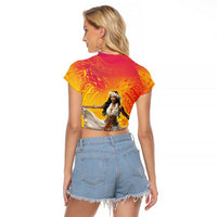 Woman Polynesian Tattoos Raglan Cropped T Shirt Tropical Flower - Vibrant Hot Color