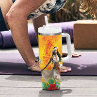Woman Polynesian Tattoos Tumbler With Handle Tropical Flower - Vibrant Hot Color