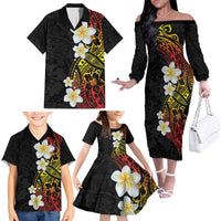 Plumeria Family Matching Off The Shoulder Long Sleeve Dress and Hawaiian Shirt Polynesian Tribal Frangipani Sunset LT03 - Polynesian Pride