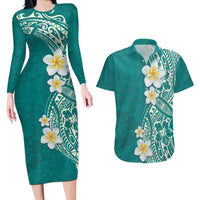 Plumeria Couples Matching Long Sleeve Bodycon Dress and Hawaiian Shirt Polynesian Tribal Frangipani Teal LT03 Teal - Polynesian Pride
