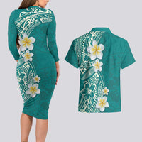 Plumeria Couples Matching Long Sleeve Bodycon Dress and Hawaiian Shirt Polynesian Tribal Frangipani Teal LT03 - Polynesian Pride