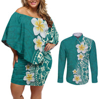 Plumeria Couples Matching Off Shoulder Short Dress and Long Sleeve Button Shirt Polynesian Tribal Frangipani Teal LT03 Teal - Polynesian Pride