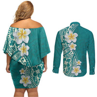 Plumeria Couples Matching Off Shoulder Short Dress and Long Sleeve Button Shirt Polynesian Tribal Frangipani Teal LT03 - Polynesian Pride