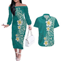 Plumeria Couples Matching Off The Shoulder Long Sleeve Dress and Hawaiian Shirt Polynesian Tribal Frangipani Teal LT03 Teal - Polynesian Pride