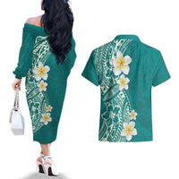 Plumeria Couples Matching Off The Shoulder Long Sleeve Dress and Hawaiian Shirt Polynesian Tribal Frangipani Teal LT03 - Polynesian Pride