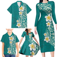 Plumeria Family Matching Long Sleeve Bodycon Dress and Hawaiian Shirt Polynesian Tribal Frangipani Teal LT03 - Polynesian Pride