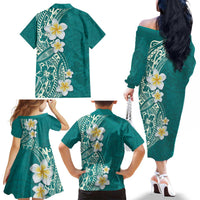 Plumeria Family Matching Off The Shoulder Long Sleeve Dress and Hawaiian Shirt Polynesian Tribal Frangipani Teal LT03 - Polynesian Pride