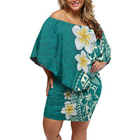 Plumeria Family Matching Off Shoulder Short Dress and Hawaiian Shirt Polynesian Tribal Frangipani Teal LT03 Mom's Dress Teal - Polynesian Pride