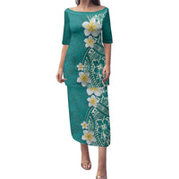 Plumeria Family Matching Puletasi and Hawaiian Shirt Polynesian Tribal Frangipani Teal LT03 Mom's Dress Teal - Polynesian Pride