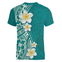 Plumeria Women V-Neck T-Shirt Polynesian Tribal Frangipani Teal