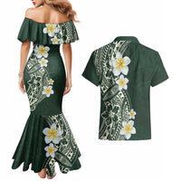 Plumeria Couples Matching Mermaid Dress and Hawaiian Shirt Polynesian Tribal Frangipani Green LT03 - Polynesian Pride