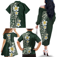 Plumeria Family Matching Off The Shoulder Long Sleeve Dress and Hawaiian Shirt Polynesian Tribal Frangipani Green LT03 - Polynesian Pride