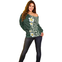 Plumeria Off Shoulder Sweater Polynesian Tribal Frangipani Green