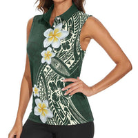 Plumeria Women Sleeveless Polo Shirt Polynesian Tribal Frangipani Green