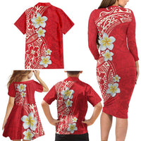 Plumeria Family Matching Long Sleeve Bodycon Dress and Hawaiian Shirt Polynesian Tribal Frangipani Red LT03 - Polynesian Pride