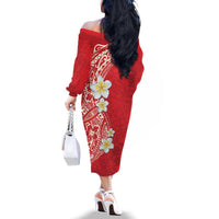 Plumeria Family Matching Off The Shoulder Long Sleeve Dress and Hawaiian Shirt Polynesian Tribal Frangipani Red LT03 - Polynesian Pride