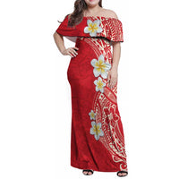 Plumeria Family Matching Off Shoulder Maxi Dress and Hawaiian Shirt Polynesian Tribal Frangipani Red LT03 Mom's Dress Red - Polynesian Pride