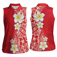 Plumeria Women Sleeveless Polo Shirt Polynesian Tribal Frangipani Red