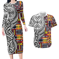 Niue Hiapo and Maori Decoration Tattoos Couples Matching Long Sleeve Bodycon Dress and Hawaiian Shirt LT03 White - Polynesian Pride
