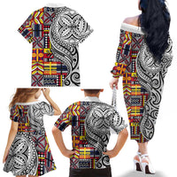 Niue Hiapo and Maori Decoration Tattoos Family Matching Off The Shoulder Long Sleeve Dress and Hawaiian Shirt LT03 - Polynesian Pride